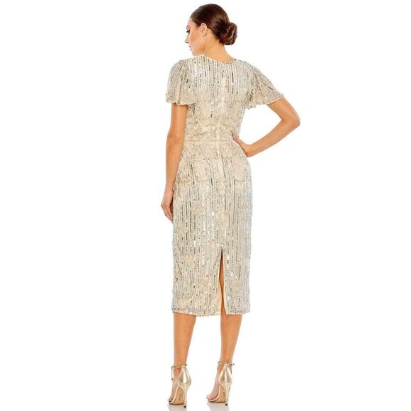 Mac Duggal Embellished Sequined Knee-Length Dress Nude Silver Size 6 NWT - Picture 3 of 12